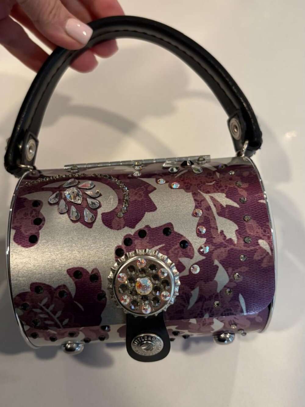 Vintage Littlearth Floral Rhinestone Metal Cylinder Bag COA